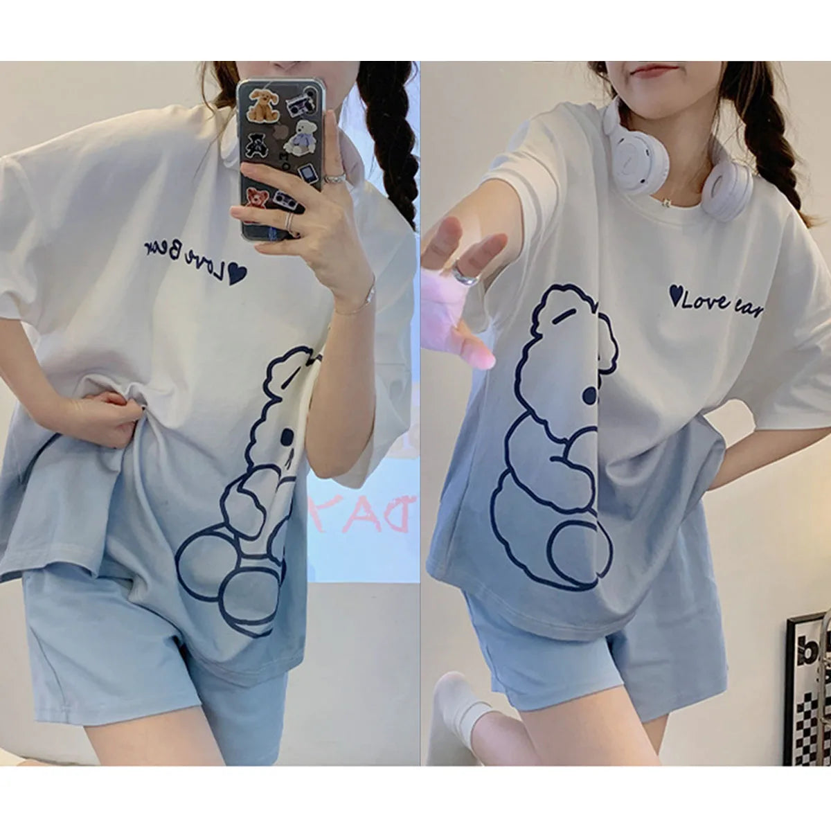 Women's Cartoon Bear Pajamas Set Summer Casual Sleepwear