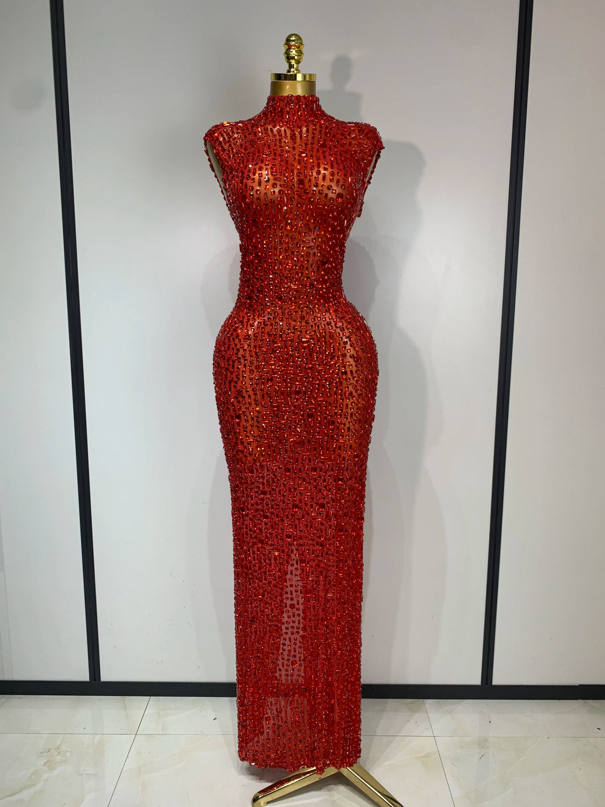 Gold Rhinestone Sleeveless Long Dress for Women