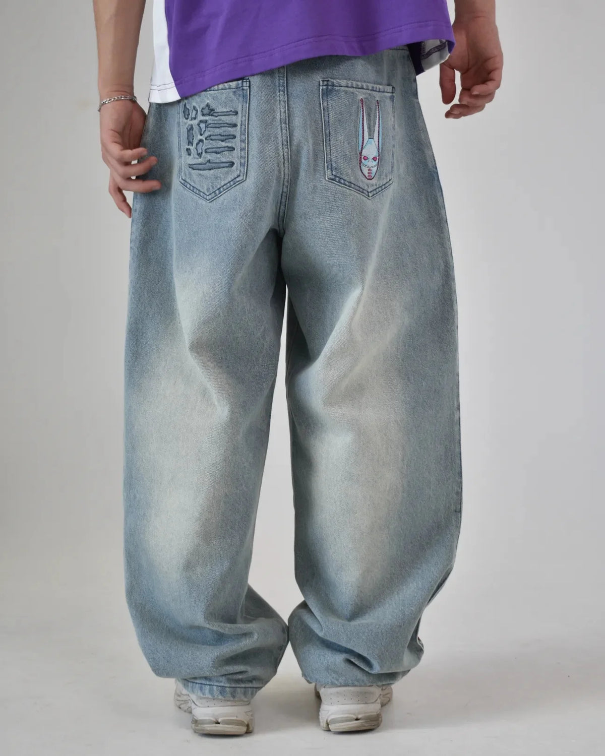 Y2K High Waist Baggy Jeans with Pink Heart Embroidery
