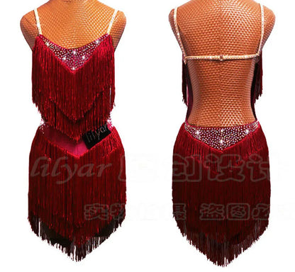Latin Dance Dress with Rhinestones and Tassels in Red and White