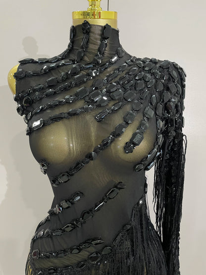 Sparkly Rhinestones One Shoulder See-Through Dress