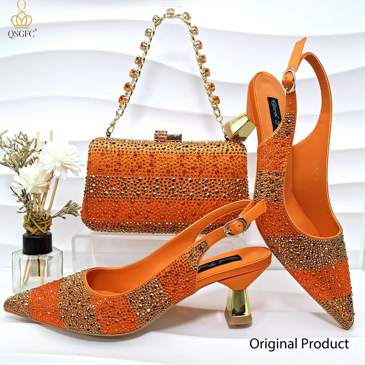 Italian Luxury Green Rhinestone Shoes and Bag Set