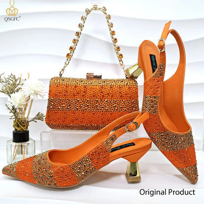 Italian Luxury Green Rhinestone Shoes and Bag Set