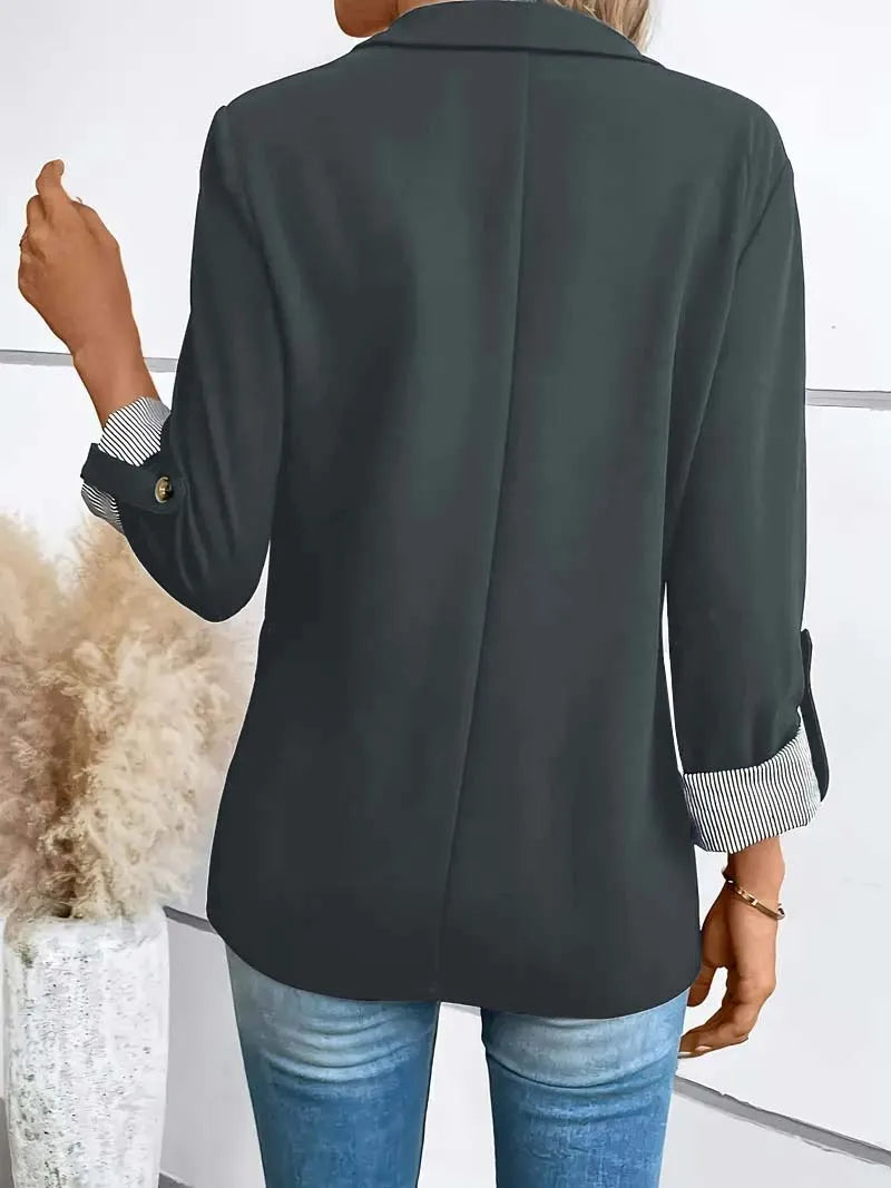 Women's Slim Fit Polyester Blazer Jacket with Rolled Sleeves