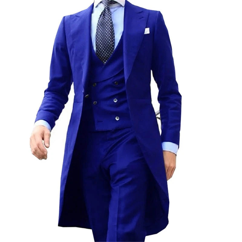 Royal Blue Long Tail Coat 3 Piece Suit for Men