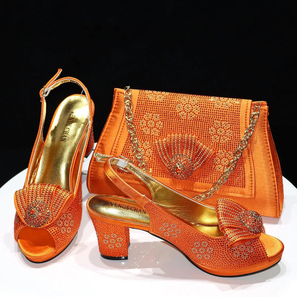 Golden Wedding Shoes And Bag Set With Diamond Decoration