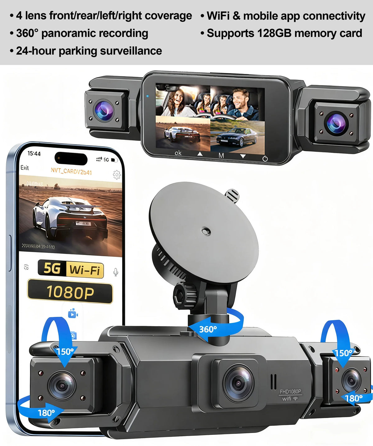 4 Channel WiFi Car DVR Dashcam with 360 Degree Recording