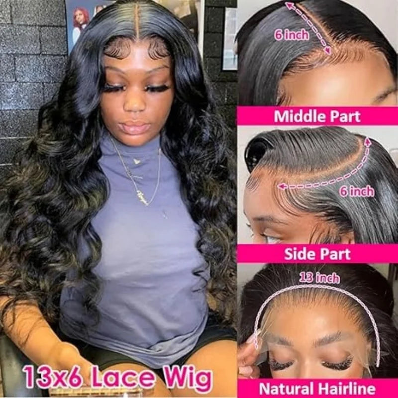 Body Wave Human Hair Wig 13X6 Lace Frontal 40 Inch Natural Black