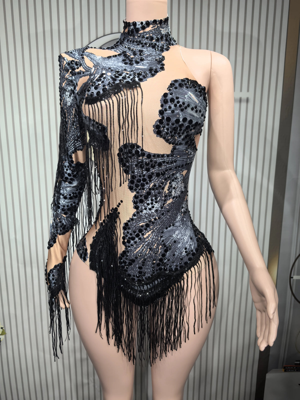 Rhinestone Tassel Elastic Bodysuit for Women
