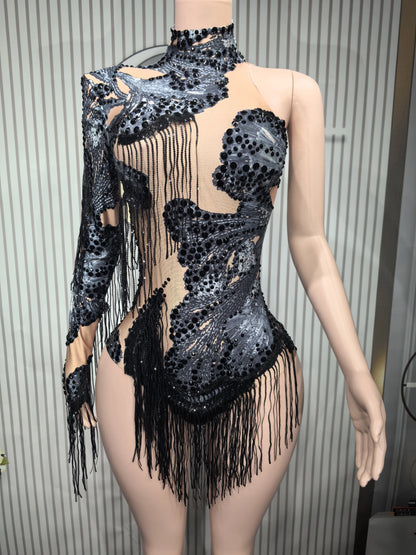 Rhinestone Tassel Elastic Bodysuit for Women