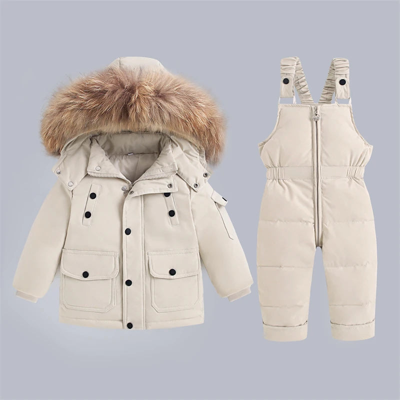 Children's Winter Down Jacket and Jumpsuit Set with Fur Collar