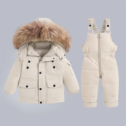 Children's Winter Down Jacket and Jumpsuit Set with Fur Collar