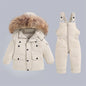 Children's Winter Down Jacket and Jumpsuit Set with Fur Collar