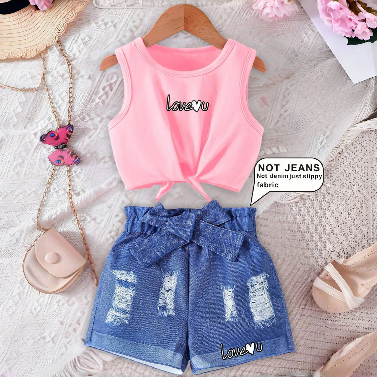 Girls' Tie-Dye Printed Vest Suit with Blue Shorts