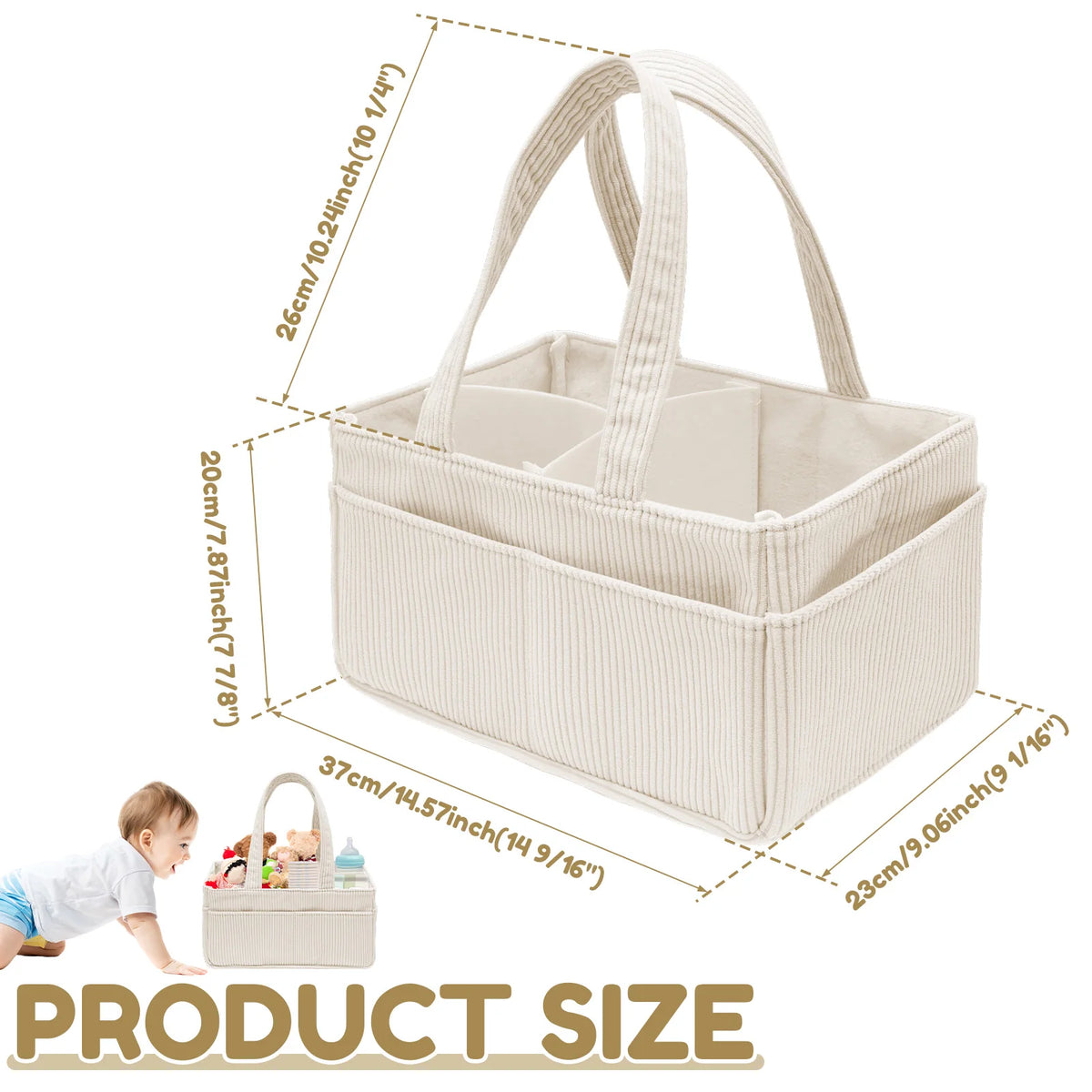 Baby Diaper Caddy Organizer Corduroy Beige Tote