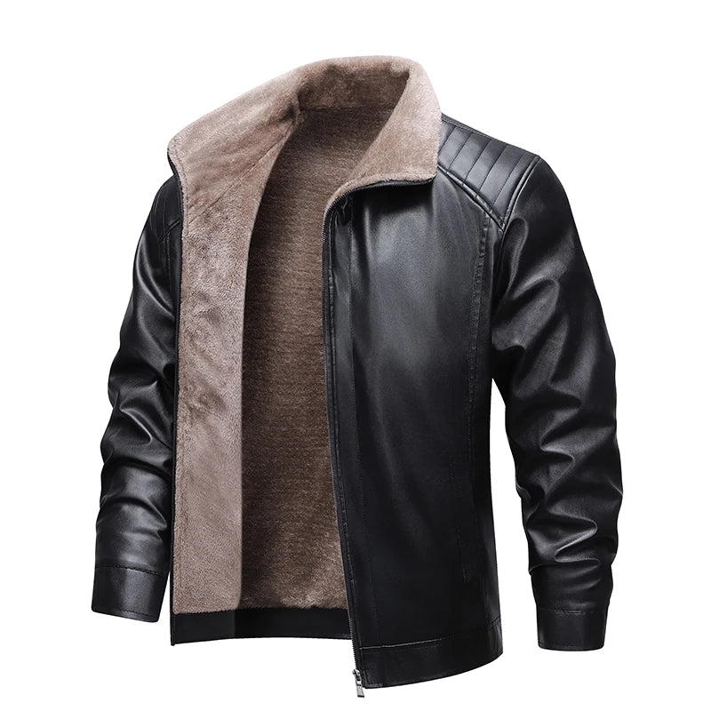 Men's Faux Leather Biker Jacket with Fleece Lining