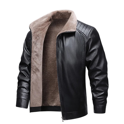 Men's Faux Leather Biker Jacket with Fleece Lining