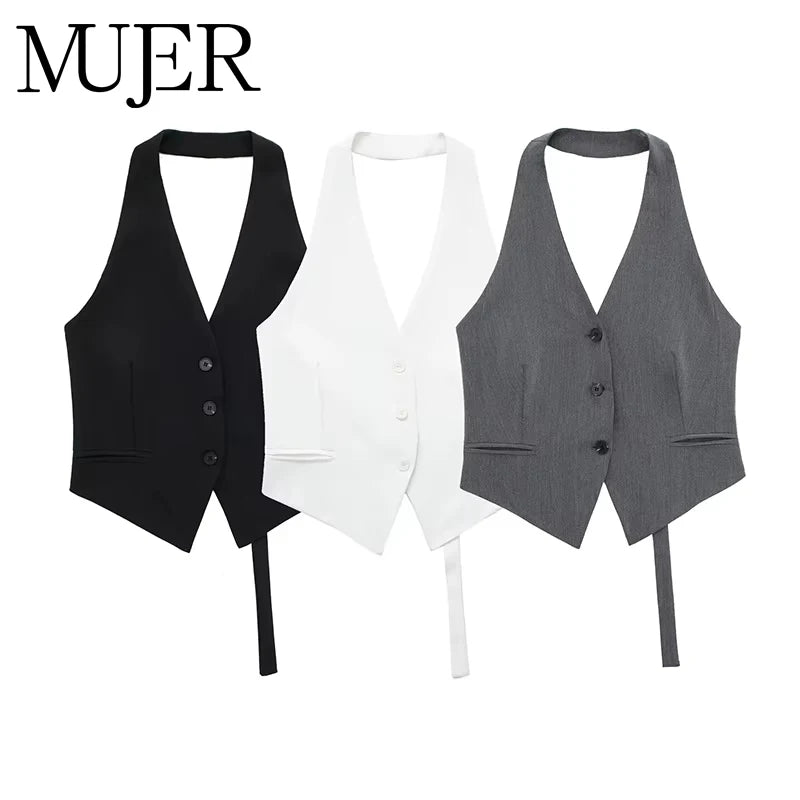 MUJER Off Shoulder Black White Cropped Vest