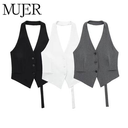 MUJER Off Shoulder Black White Cropped Vest