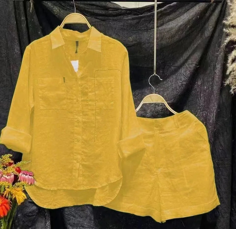 Cotton Linen Casual White Shirt and Shorts Set