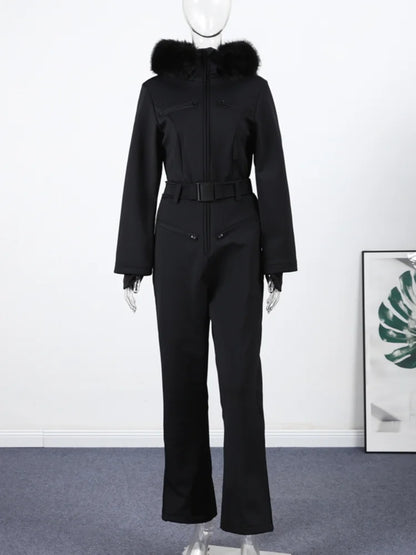 Fur-Trimmed Hooded One-Piece Ski Suit for Women