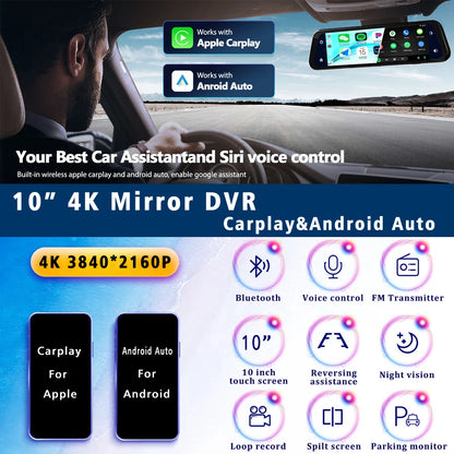 10 Inch 4K Dash Cam Rearview Mirror with GPS and WiFi