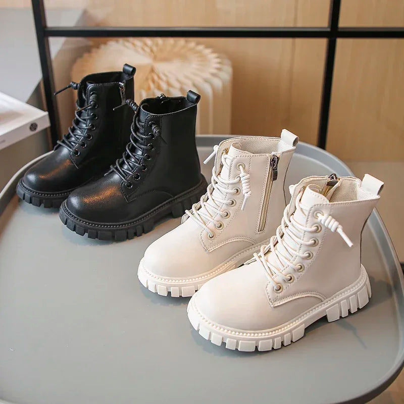 Girls Black Leather Ankle Boots with Thick Sole