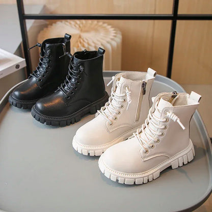 Girls Black Leather Ankle Boots with Thick Sole