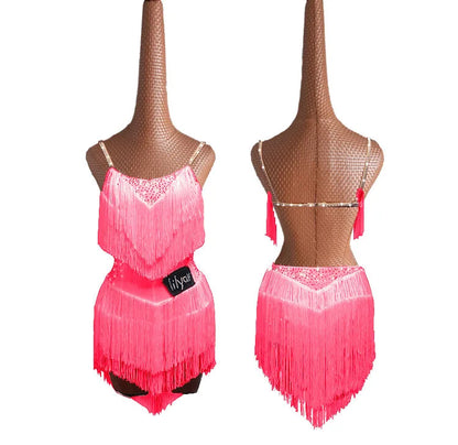 Latin Dance Dress with Rhinestones and Tassels in Red and White