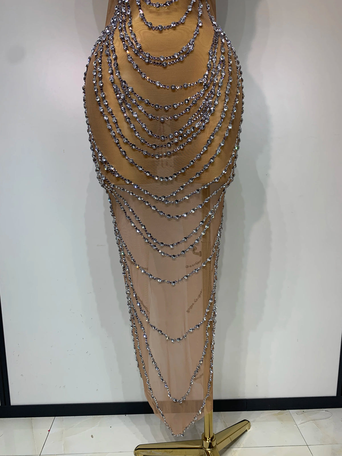 Sparkly Rhinestone Transparent Mesh Long Dress