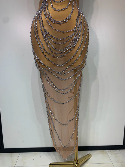 Sparkly Rhinestone Transparent Mesh Long Dress
