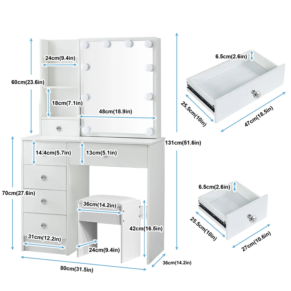Teousev White LED Makeup Vanity Set with Stool