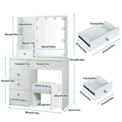 Teousev White LED Makeup Vanity Set with Stool