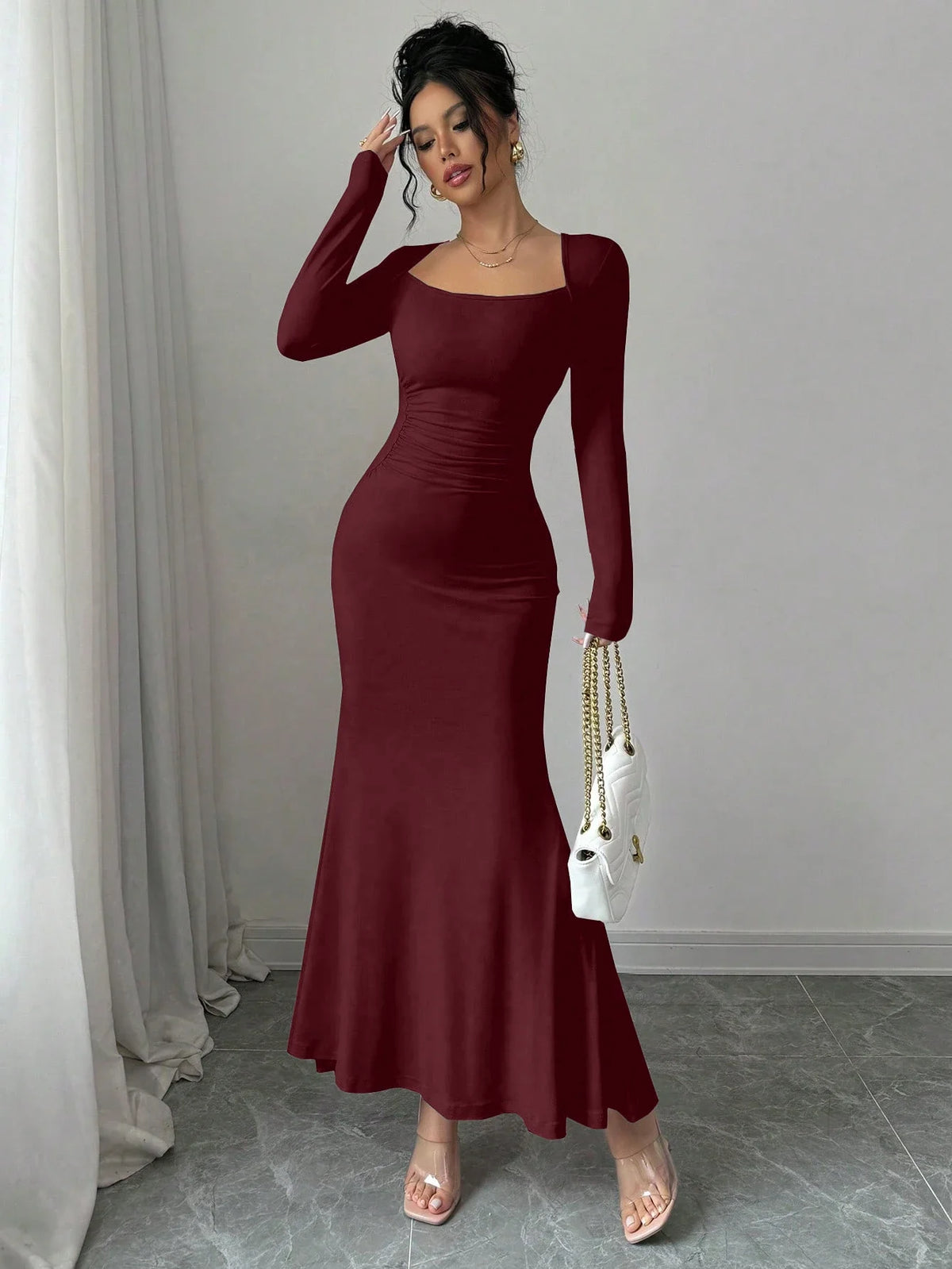 Elegant Retro Solid Color Square Collar Long Sleeve Dress