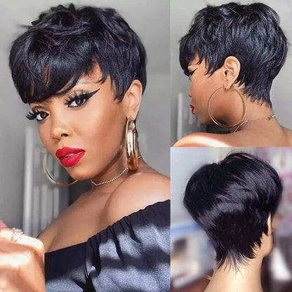 Short Pixie Cut Human Hair Wig with Bangs for Women