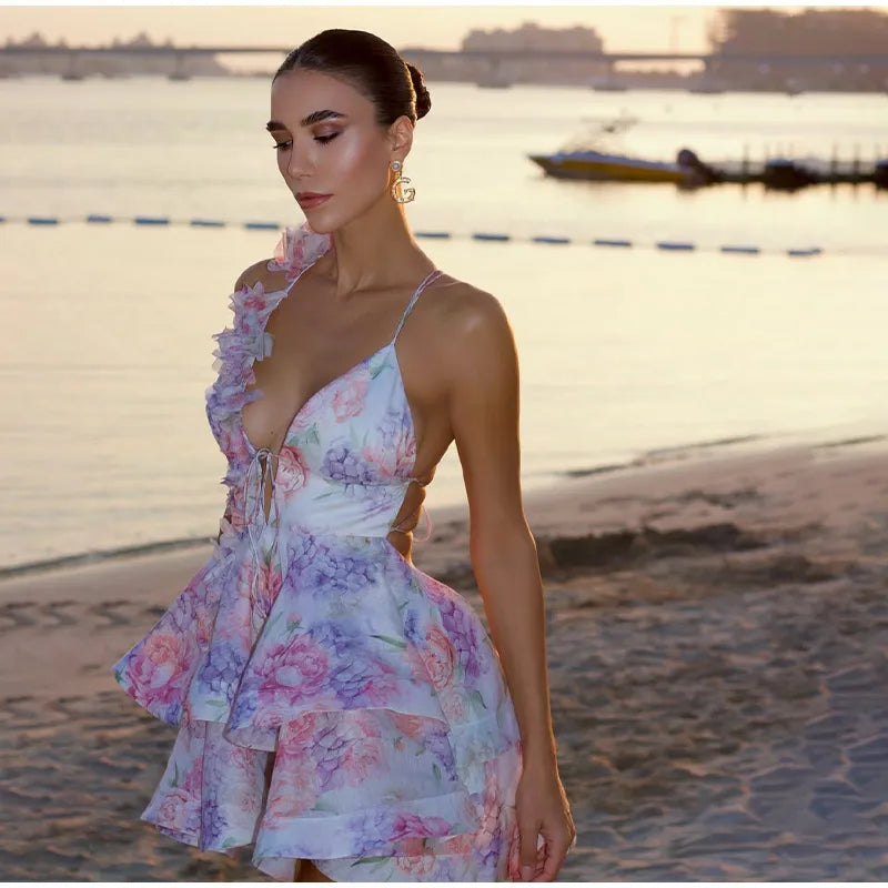 Women Tie-Dye Flower Deep V Neck Flare Sleeve Mini Dress