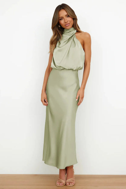 Elegant Silk Satin Sleeveless Long Dress for Women