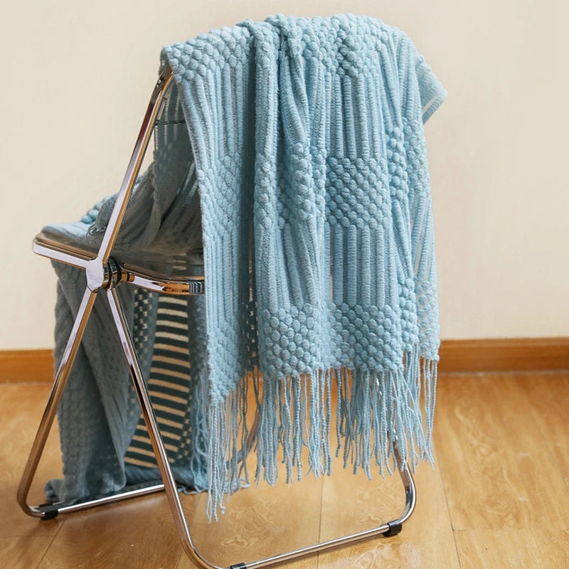 Khaki Knitted Acrylic Blanket with Tassels