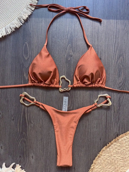 Halter Neck Micro Bikini Set Women Solid Swimwear