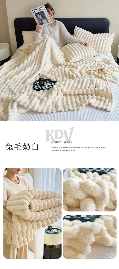 Luxury Faux Rabbit Fur Throw Blanket Solid Color Plush