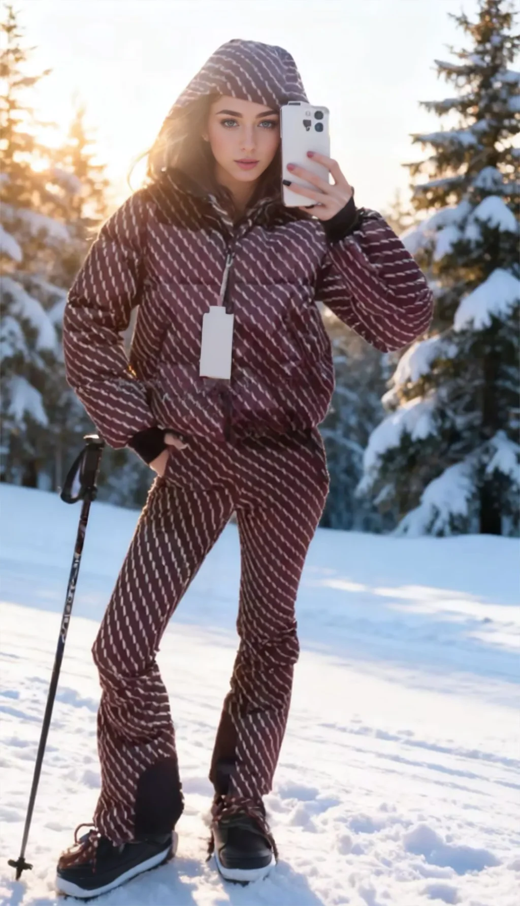 Burgundy Women's Winter Hooded Skiing Parkas Set