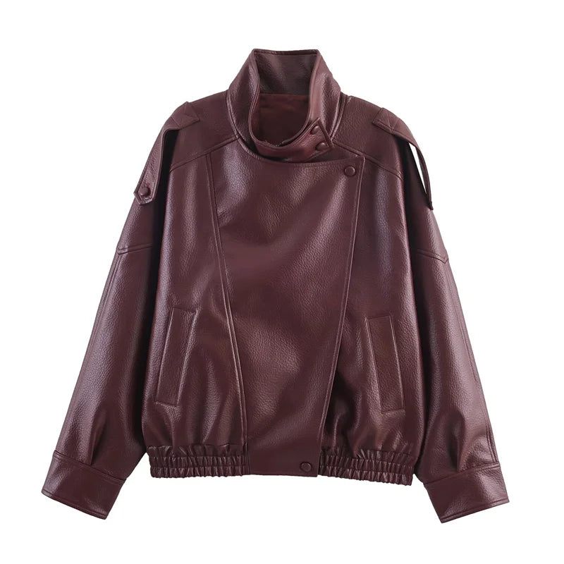Black Long Sleeve Faux Leather Motorcycle Jacket