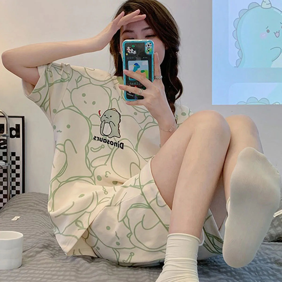 Women's Cartoon Bear Pajamas Set Summer Casual Sleepwear