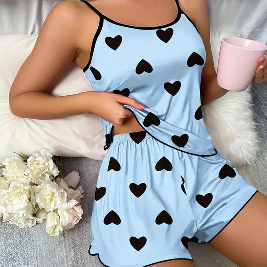 Women's Pink Heart Print Pajama Set Shorts Ice Silk