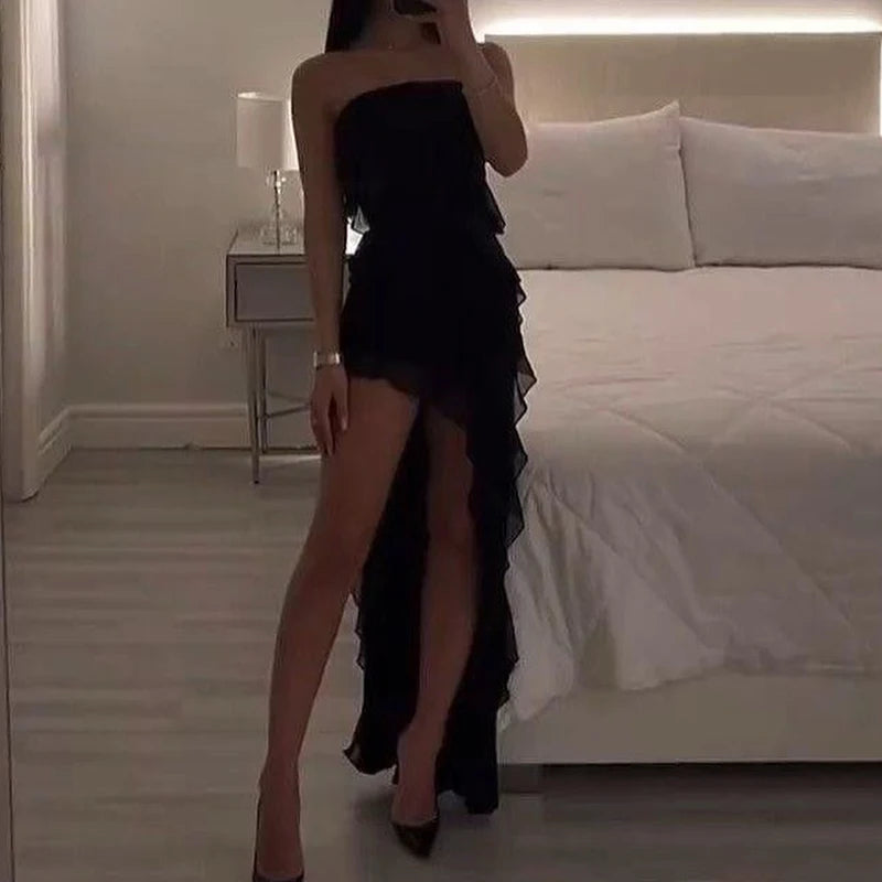 Women Strapless Floral High Slit Mini Dress Black Pink