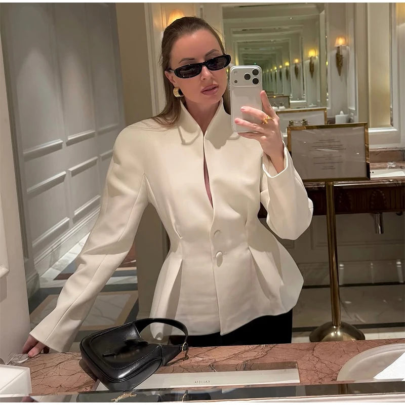 Chic Waist Cinched Women's Blazer Coat with Stand Collar
