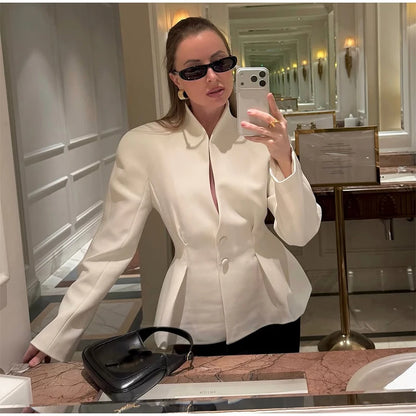 Chic Waist Cinched Women's Blazer Coat with Stand Collar