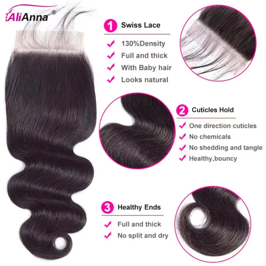 Body Wave Human Hair Bundles With Closure Natural Black