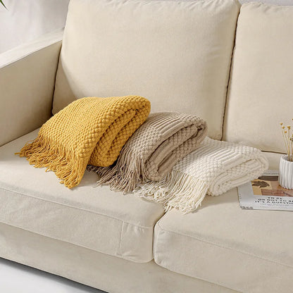 Khaki Knitted Acrylic Blanket with Tassels