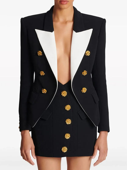 Slim Fitting Color Block Blazer with Rose Metal Buttons
